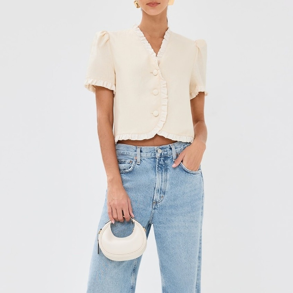 Reformation | Bess 100% Linen Puff Sleeve Ruffle Top in Sugar Cream | Size Med